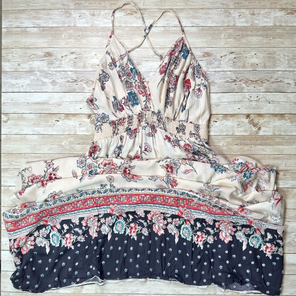 Romantic Gypsy Floral Maxi Dress Large Cream, Reds, Teal - Picture 1 of 10